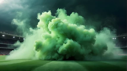 Foto op Canvas Stadium stink mist, smoke, green background, dark ground, light smell, toxic black smell. Background: transparent green grass, smoke, cloud, fart, soccer, night field, dust, poison, and potion. unclea © fizza