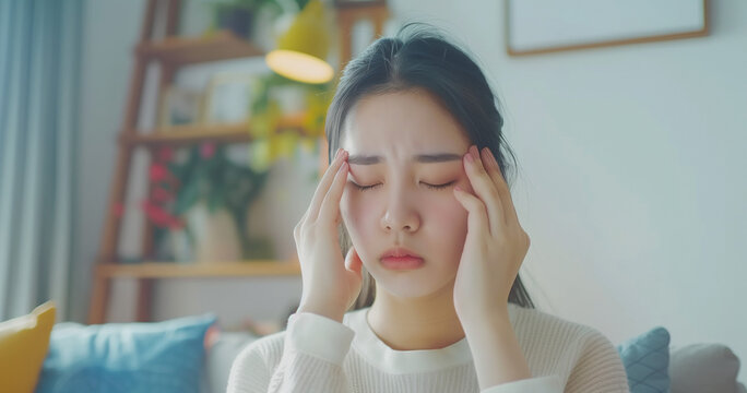 Asian young woman feels dizzy, her head hurts, she's suffering from spinning feelings while sitting on the couch at home, holding her nose with her hand. It's a problem with her brain or inner ear mak