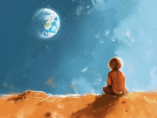 A child on Mars sketches the Earthrise dreaming of the blue planet her imagination bridging millions of miles - obrazy, fototapety, plakaty