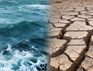 Dry earth land and blue ocean water. Drought and flood. Climate change and global warming environmental concept. - 751650215