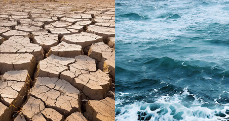Dry earth land and blue ocean water. Drought and flood. Climate change and global warming environmental concept. Split image. - 751650225