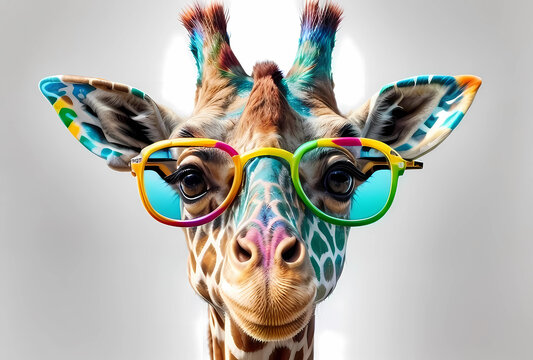 Cartoon colorful giraffe with sunglasses on white background.