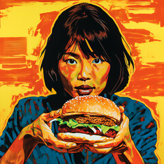 pop art painting portrait of an asian attractive young woman eating a huge appetizing juicy american hamburger, colorful modern contemporary poster