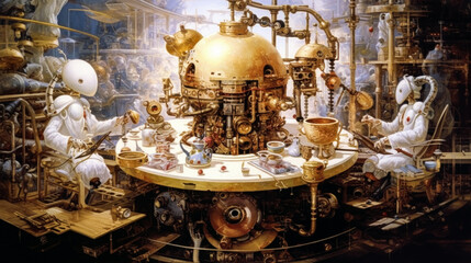 classic painting in renaissance style with steampunk robots droids and large retro-futuristic device, vintage engine, mechanisms and devices, historical contemporary eclectic art