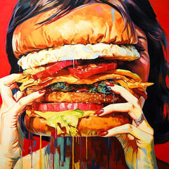 pop art painting portrait of young woman eating a huge appetizing juicy american hamburger, beautiful female hands holding a giant delicious hamburger, colorful modern contemporary poster