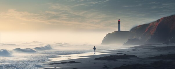Lone person walking along a beach shoreline toward a lighthouse. Coast with hazy morning light and wave - Powered by Adobe
