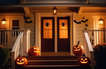 Halloween holiday concept the entrance to the house is decorated with spooky pumpkins with burning eyes, bats and black spiders. Spooky scary dark night. Dark atmosphere. Template for advertising