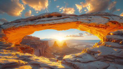 Panoramic view of famous Mesa Arch, iconic symbol of the American West, illuminated golden in beautiful morning light on a sunny day with blue sky and clouds, Canyonlands National Park, Utah, USA.