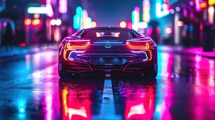 A futuristic sports car and racing cars accelerates on a neon highway with colorful light trails