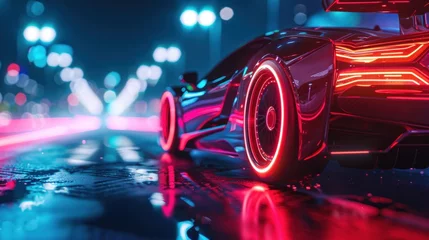 Cercles muraux Autoroute dans la nuit A futuristic sports car and racing cars accelerates on a neon highway with colorful light trails
