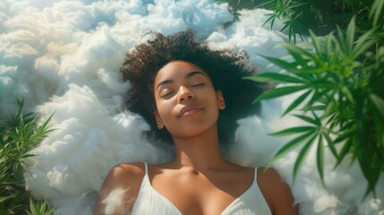 CBN and CBD cannabis oil concept of healthy sleep and relaxation. Woman sleep in a cloud surrounded by cannabis plants. Healthy sleep with hemp cbn oil and pain relief with marijuana extract cbd oil.