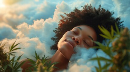 CBN concept of healthy sleep and relaxation. Woman sleep in a cloud surrounded by cannabis plants. Healthy sleep with hemp cbn oil and pain relief with marijuana extract cbd oil. - obrazy, fototapety, plakaty