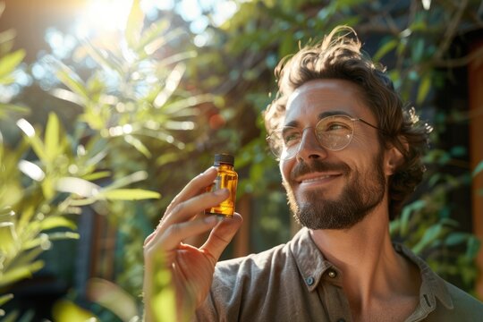 Calm relaxed man holding bottle with cbn cbd hemp oil, surrounded by cannabis plants. Alternative medicine and wellness concept of medical marijuana, natural remedies banner with copy space for text