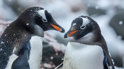 Obraz premium Gentle Embrace of Two Penguins Amidst Snowflakes
