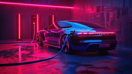 An electric cars that are charged from a station Futuristic sports car on colorful light highway