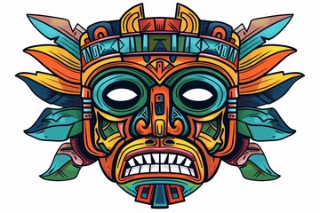 a colorful tribal mask with feathers