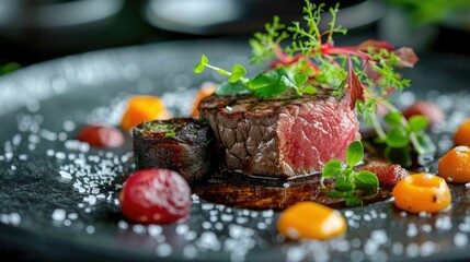 Exquisite gourmet steak adorned with herbs on an artistic plate with condiments - obrazy, fototapety, plakaty