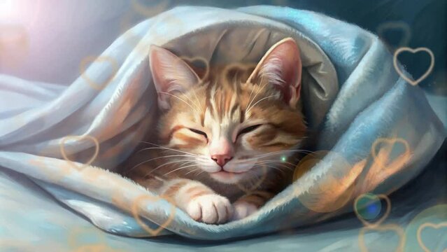 kitten sleeping under a blue blanket with light shining through