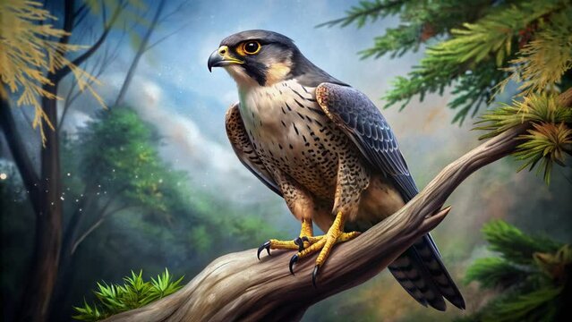 a falcon bird on a tree waiting for prey