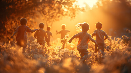 Children Playing in a Sunset-lit Field - obrazy, fototapety, plakaty