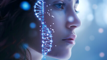 Symbiosis of Beauty and Science: A Woman and DNA - obrazy, fototapety, plakaty