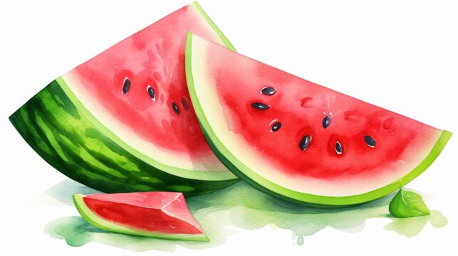 Watermelon slices with seeds on white background. Watercolor painting. Healthy food