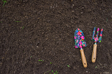 Gardening tools on the soil ground in the garden background