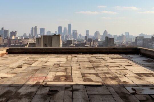 Panoramic picture of the city from the building's roof and empty floors, Ai generated