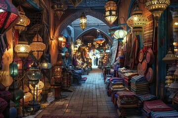Fototapeta na wymiar A Moroccan bazaar with intricate lanterns and colorful textiles