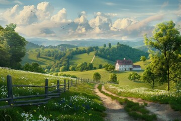 A peaceful countryside landscape with rolling hills and a quaint farmhouse