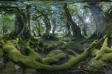 A panoramic view of an ancient forest with giant trees and mossy floors