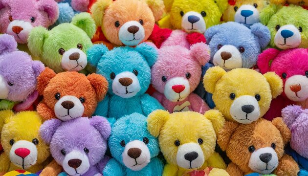 Full frame image of many colorful teddy bears squeezing each other and squinting