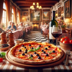 Deliciosa pizza em um restaurante típico italiano - obrazy, fototapety, plakaty