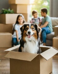 Family with kids and pets moving to new home. Cute dog sitting in cardboard box. Moving to new home, packing and unpacking boxes, relocation, renovation, removals and delivery service concept
