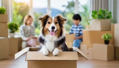 Family with kids and pets moving to new home. Cute dog sitting in cardboard box. Moving to new...