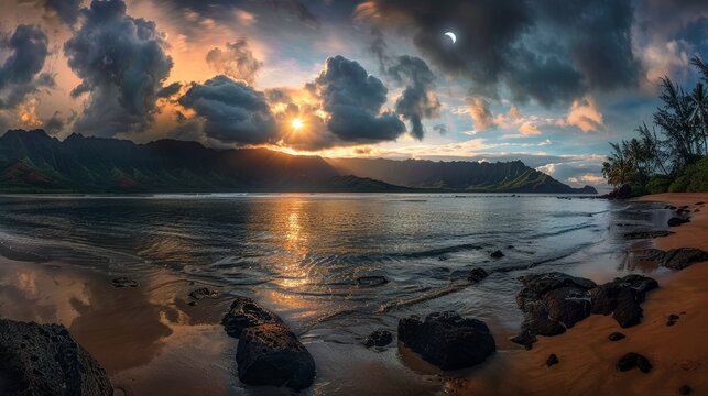 panoramic landscape photograph of solar eclipse above hanalei bay