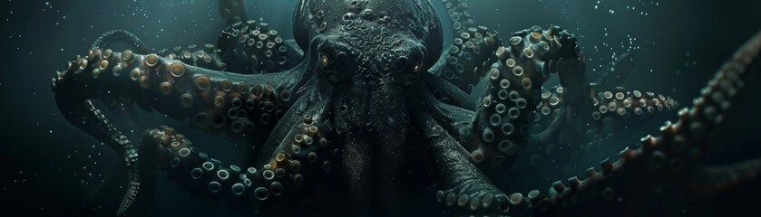 3D flat Kraken dark deep sea terror - obrazy, fototapety, plakaty