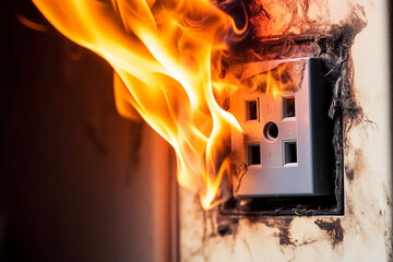 Fire in the room. Electric socket on fire. Electrical safety concept.