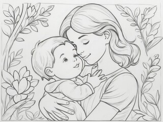 Loving Mother Cradling Her Baby, Pencil Sketch Illustration for Nurturing Themes
