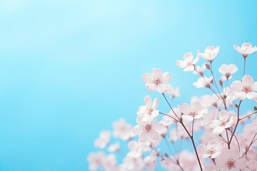 Fototapeta premium Small white flowers on a toned on gentle soft blue and pink background outdoors close-up macro . Spring summer border template floral background. Light air delicate artistic . generative ai