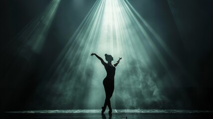Ballet dancer silhouette dark stage single spotlight - obrazy, fototapety, plakaty