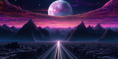 Vibrant digital landscape featuring a neon-lit road under a tremendous full moon and surreal sky - obrazy, fototapety, plakaty