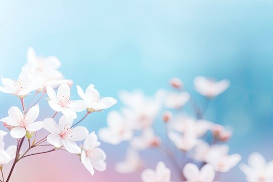 Small white flowers on a toned on gentle soft blue and pink background outdoors close-up macro . Spring summer border template floral background. Light air delicate artistic . generative ai