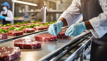 Meat or steak production line with hands of a worker wearing latex protective gloves  - obrazy, fototapety, plakaty