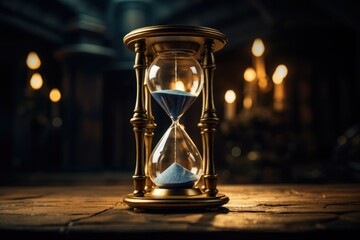 Close up of a golden hourglass on a table, Golden hourglass illustration, dark background, time...