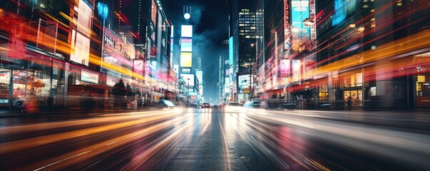 Captivating long exposure shot of a bustling city at night with vibrant lights and urban activity - obrazy, fototapety, plakaty