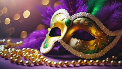 Mardi Gras carnival mask and beads on purple background 