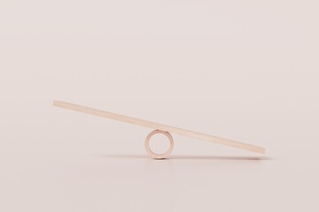 3d Wooden Seesaw Imbalance scales on isolated white background. comparison weight or unbalanced seesaw scales icon. minimal cartoon.3D Rendering. Banner, a place for text, copy space.