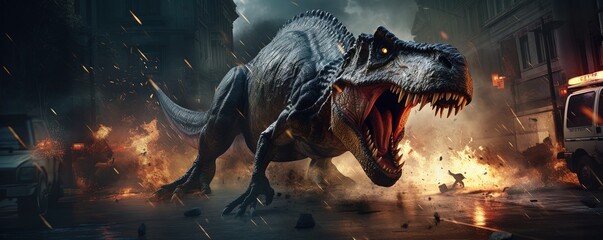 Tyrannosaurus Rex dinosaur. Destruction of city street. Dangerous monster attacks. 3D Prehistoric...