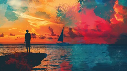 Sailor silhouette colorful ocean voyage - obrazy, fototapety, plakaty